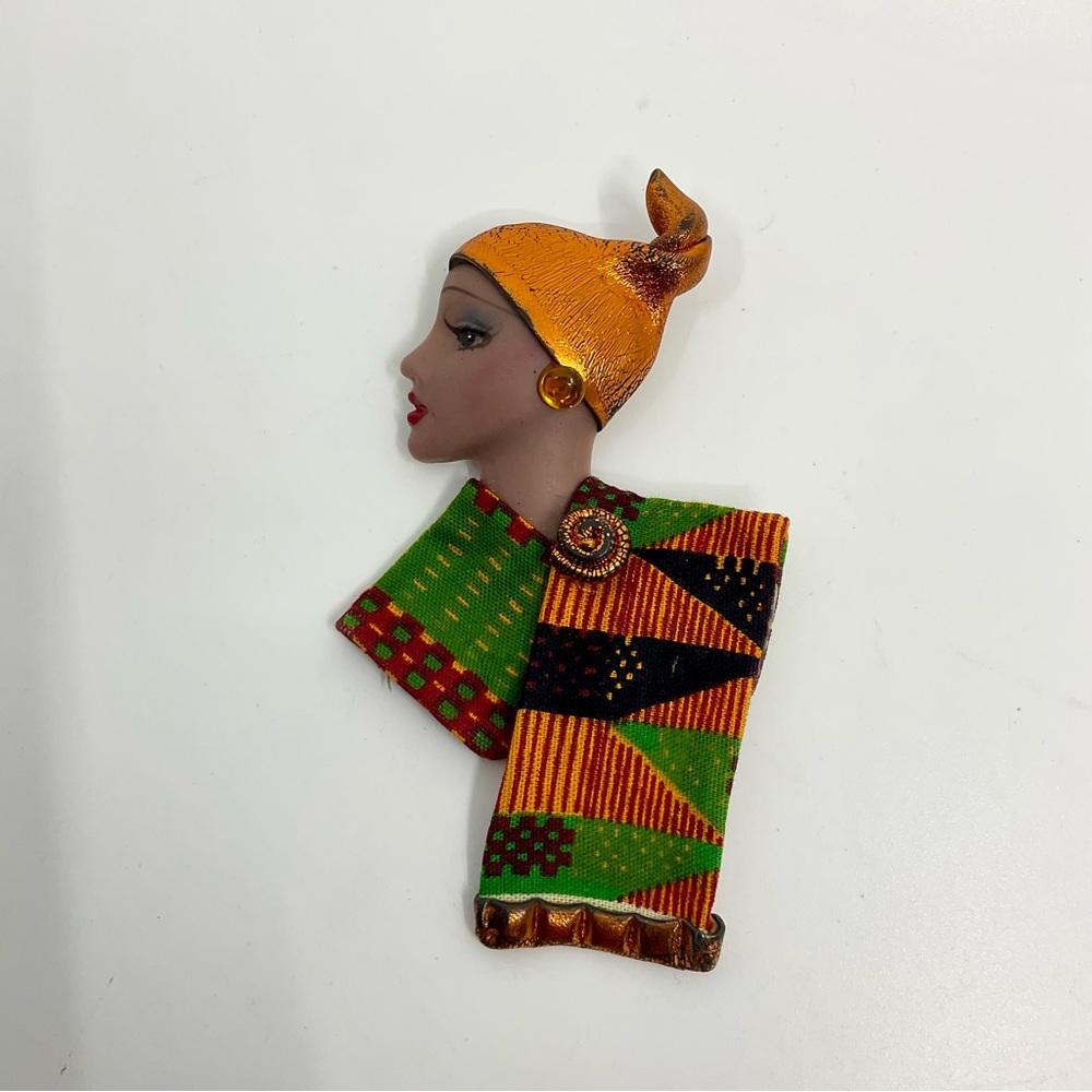 Vintage Artisan African Kitenge Woman Brooch Earth Tone Collector Pin